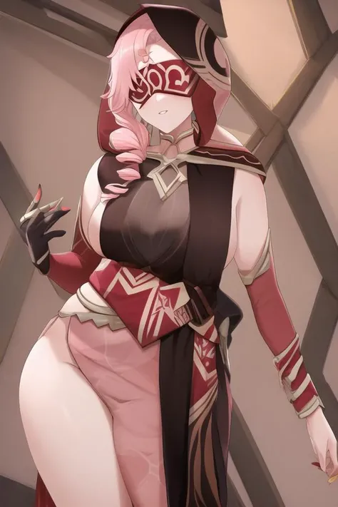masterpiece, best quality,eye mask, mature female, pink hair, hood,