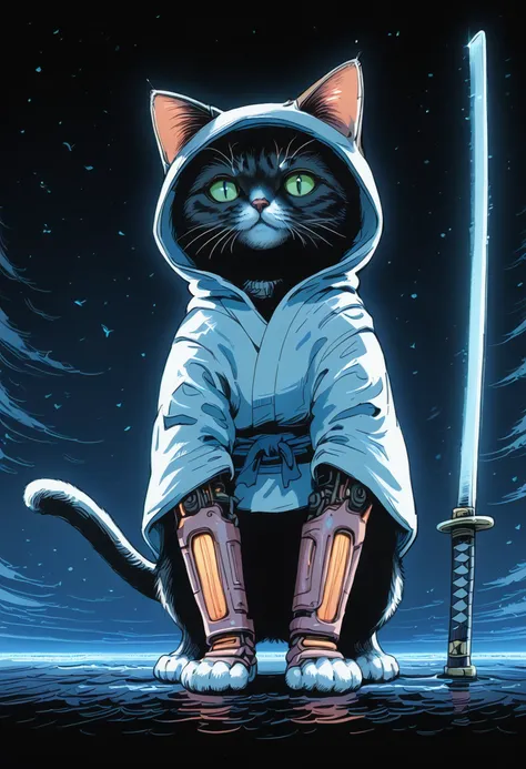 score_9, score_8_up, score_7_up, monochrome, (realistic, flat color:1.2), mad-cyberspace,
BREAK
1cat, solo, (hood up, animal head, cat samurai:1.4), katana, wind, cyborg, glowing,
billboard, light particles, faded, night, dutch angle, close-up, (simple background, space background:1.2),
shadow, pink, blue, lineart, ultra detailed, highres, digital art, <lora:Beatrix_potter_drawing_style:0.5> , in the style of Beatrix Potter, <lora:Neon_Cyberpunk_Cyberspace_Pony:0.7> <lora:Adventure_Time_Style_LORA:1> adventure time, dot eyes