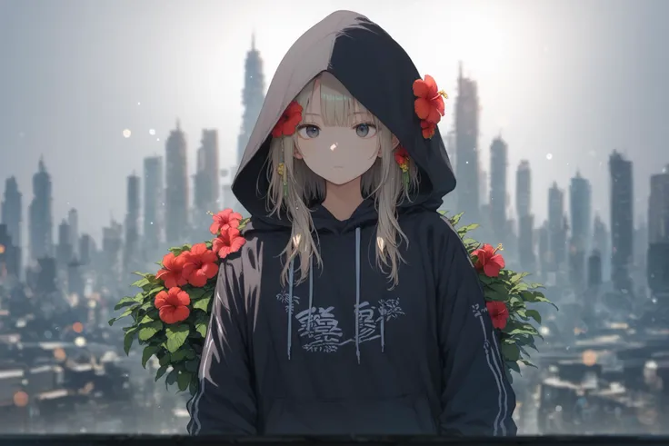 score_9, score_8_up, score_7_up, score_6_up, hibiscus hair ornament, 
BREAK
a girl with a hoodie and a medium hair standing in front of a cityscape background with a grungy effect, dark background, (blurry background:1.4), bokeh