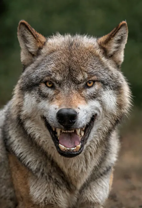 real photo of a gray wolf,gaze on viewer,bare teeth,(mouth closed:1.3),fang,(medium shot:1.3),deterrent,breathtaking,fierce,ultra-detailed eyes,intricate details,detailed texture,light source contrast,(dramatic shadows,Cinematic Light:1.2),Depth of field,film grain,noise,dark background,<lora:nurlens_SDXL_V0.1:0.6>,NurLens,photography,