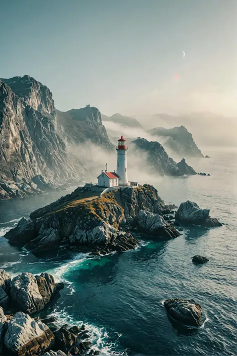 A solitary lighthouse stands sentinel over the rocky coastline,Misty mountains with a soft hazy sky,style by Nick Knight,Anaglyph 3d Photography,Analogue Photography,Underwater Illumination,Sony A7III Digital,,(center composition, symmetry composition:0.5), <lora:MJ52:0.8> <lora:Fine art photography style:0.3> Fine art photography style <lora:nurlens_SDXL_V0.1:0.3> NurLens