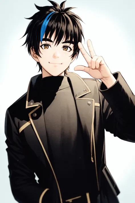<lora:DetectiveSchoolQComicStyle-000045:0.8:lbw=outall>
solo, smile, black hair, 1boy, brown eyes, closed mouth, jacket, male focus, multicolored hair, two-tone hair, streaked hair, black jacket,, (best quality, masterpiece:1.3)