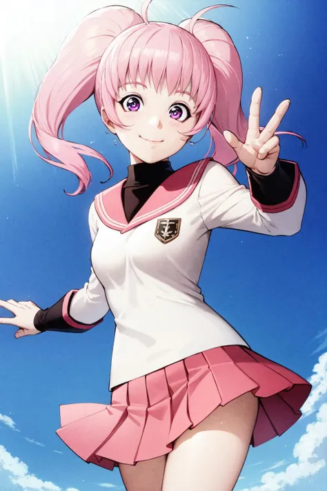 <lora:DetectiveSchoolQComicStyle-000045:0.8:lbw=outall>
twintails, pink hair, purple eyes,
skirt,turtleneck,white serafuku
smile, looking at viewer,, (best quality:1.3),1girl,<lora:GoodHands-beta2:1>,