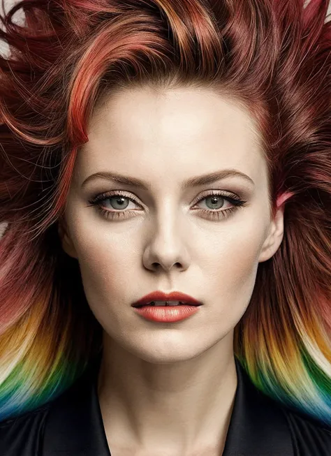 portrait of sks woman by Flora Borsi, style by Flora Borsi, bold, bright colours, rainbow Mohawk haircut, ((Flora Borsi)), <lora:locon_vanessaparadis_v1_from_v1_64_32:1>