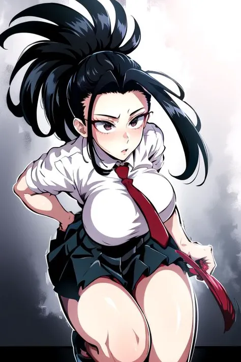 masterpiece,best quality,extreme detail,8k,image sharpness,puri2,solo,<lora:puripuri:0.9>,1girl,yaoyorozu momo,black hair,ponytail,hair pulled back,black eyes,large breasts,school uniform,white shirt,collared shirt,short sleeves,red necktie,green skirt,<lora:yaoyorozu_momo_v1:0.8>,