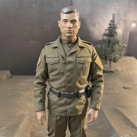 ((Masterpiece, best quality)), detailed skin, highly detailed, cinematic lighting, ultra realistic, a toy man <lora:GI_Jake:1> in army uniform standing outdoors, army jeep, looking at viewer