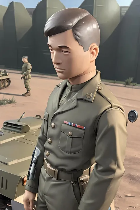<lora:GI-Joe:1> GI-Joe wearing army uniform, jacket pants, boots, army helmet, standing next to a full size (Sherman Firefly Tank:1.2), jungle <lora:Sherman_Firefly_Tank:1> firefly tank
