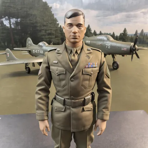 ((Masterpiece, best quality)), detailed skin, highly detailed, cinematic lighting, ultra realistic, a toy man <lora:GI_Jake:1> in army uniform standing outdoors, WWII airplane in the background, looking at viewer