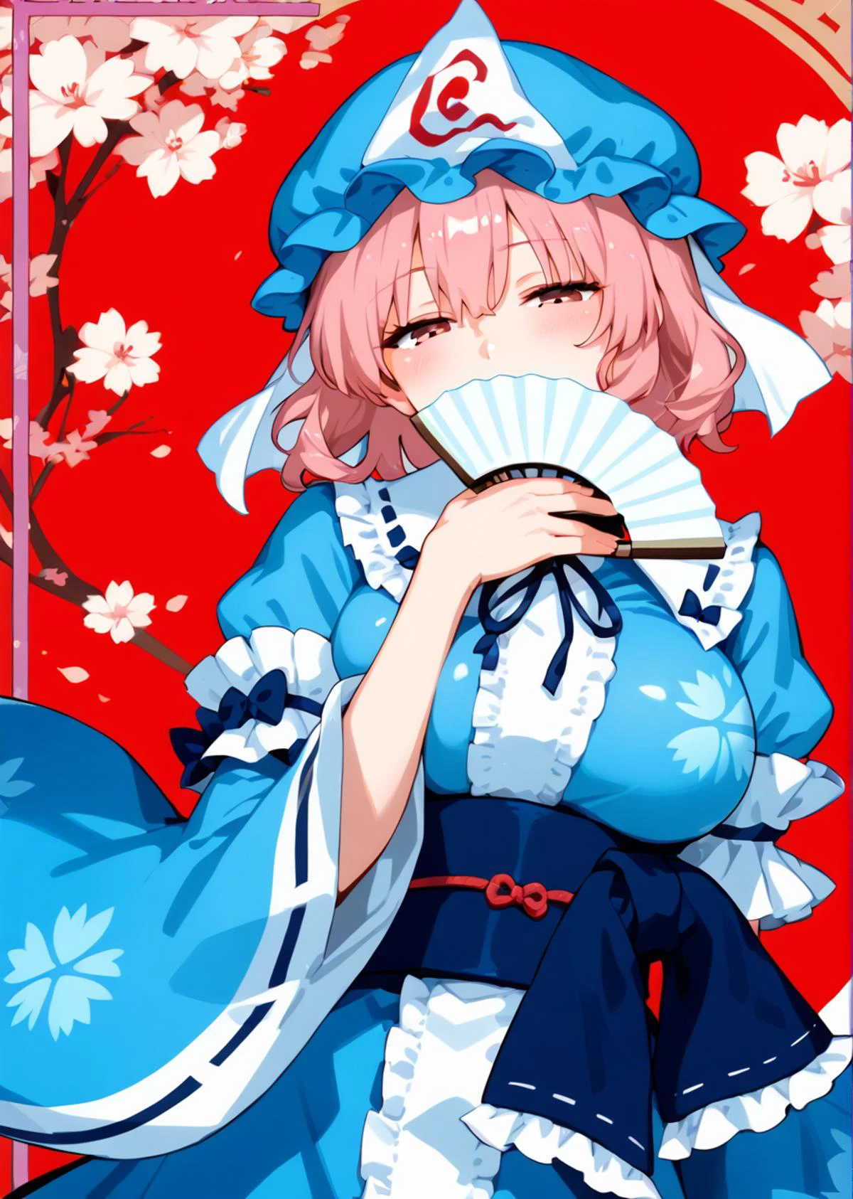 score 9, score 8 up, score 7 up, rating questionable,
detailed background,
<lora:yuyuko.pony:1>,
yuyuko,
large breasts, shiny skin,
paper fan, covering mouth, half-closed eyes,