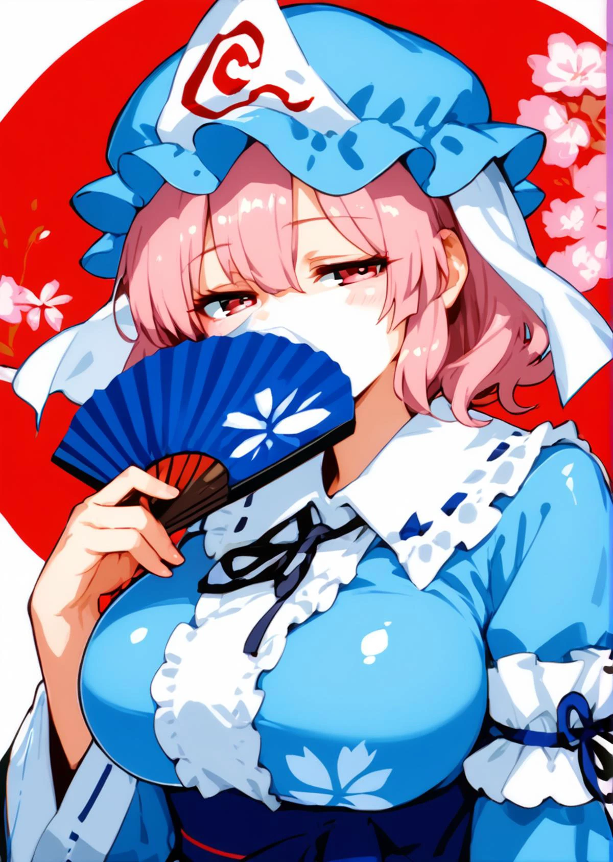 score 9, score 8 up, score 7 up, rating questionable,
detailed background,
<lora:yuyuko.pony:1>,
yuyuko,
large breasts, shiny skin,
paper fan, covering mouth, half-closed eyes,