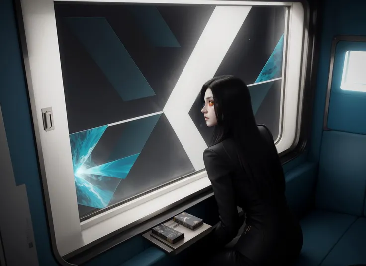 three cornered window, back of head shot of (woman looking out of triangle window:1.1), 3rd person, Looking out the triangular window of a (train:1.1) with triangular windows, triangular windows and triangular, wheels, in a fantasy world,
psychedelic, geometric, vivid light, high contrast, triadic colors, dark shadows, explosions, nuclear mushroom cloud, nuclear explosion, dystopian nightmare,
(beautiful composition),
21 yo woman,