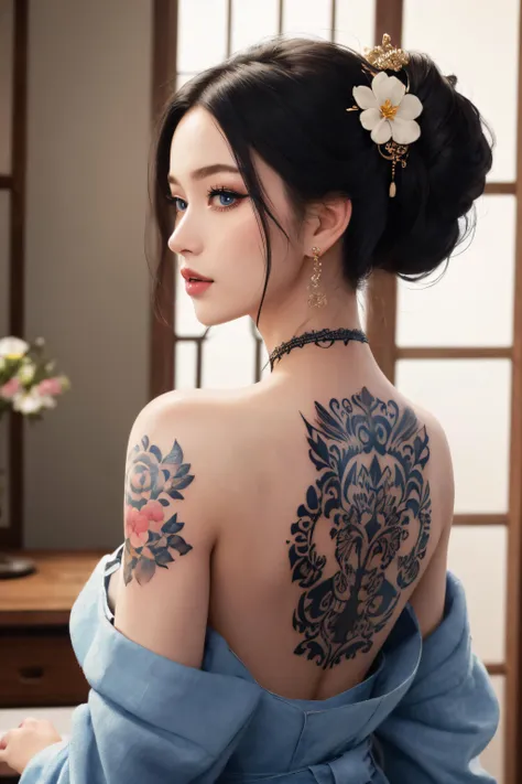 (masterpiece, top quality, best quality, official art, beautiful and aesthetic:1.2),1girl, tattoo, solo, japanese clothes, hair ornament, unsheathing, black hair, sheath, back tattoo, blue eyes, off shoulder, bare shoulders, looking back, from behind, flower, looking at viewer, holding, makeup, indoor,