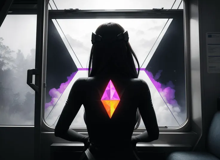 three cornered window, back of head shot of (woman looking out of triangle window:1.1), 3rd person, Looking out the triangular window of a (train:1.1) with triangular windows, triangular windows and triangular, wheels, in a fantasy world,
psychedelic, geometric, vivid light, high contrast, triadic colors, dark shadows, explosions, nuclear mushroom cloud, nuclear explosion, dystopian nightmare,
(beautiful composition),
21 yo woman,