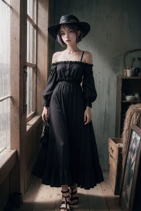 RAW photo, (columbian chic girl), (style of David Bailey:1.4), eerie, dark theme, horror, unsettling, Jealousy, Flowy maxi dress, floppy hat, and gladiator sandals, Crown braid, Pastel purple hair color, Smoky black eyeshadow with a touch of gold on the inner corner of the eyes, Petite (smaller frame and height), Creepy haunted toy store with dolls staring blankly, detailed skin, skin blemish, sharp focus, beautiful eyes, (analog style:1.2), (film grain:1.2), (high detailed skin:1.2), 8k uhd, dslr, soft lighting, high quality, film grain, Fujifilm XT3, perfect lighting, perfect shading, <lora:epi_noiseoffset2:0.3> <lora:skinny_new_skin:0.3>