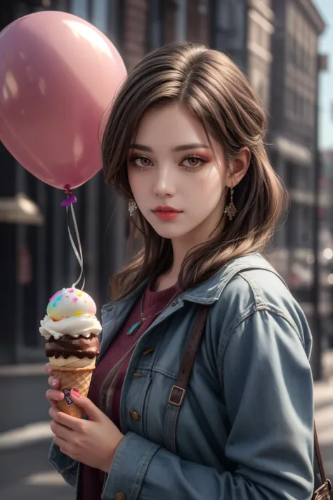 ((Best quality)), ((masterpiece)), ((realistic)),HDR,high-definition,Intricate Details,vray render, octane render, 1girl, holding ice cream, many colorful balloons background, <lora:add_detail:1>