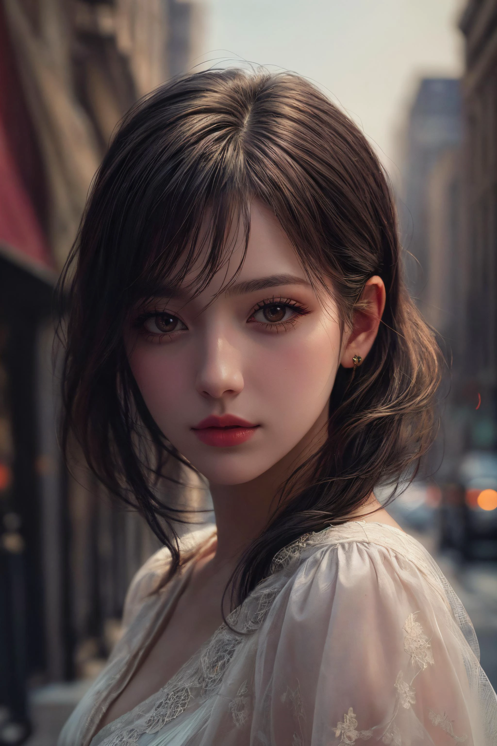 ((Best quality)), ((masterpiece)), ((realistic)), 1girl, (looking at viewer:1.2), detail face, (a girl standing, rending on cgsociety, black shadows, streaming, new york backdrop), romanticism, atmospheric, (RAW photo, best quality), (realistic, photo-realistic:1.3), masterpiece, an extremely delicate and beautiful, extremely detailed, <lora:add_detail:1>