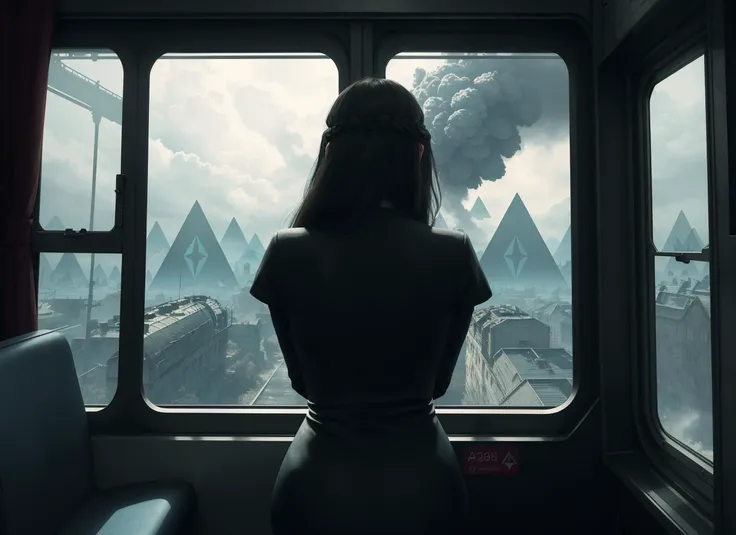 three cornered window, back of head shot of (woman looking out of triangle window:1.1), 3rd person, Looking out the triangular window of a (train:1.1) with triangular windows, triangular windows and triangular, wheels,  in a fantasy world, 
psychedelic, geometric, vivid light, high contrast, triadic colors, dark shadows,  explosions, nuclear mushroom cloud, nuclear explosion, dystopian nightmare, 
(beautiful composition),
21 yo woman,