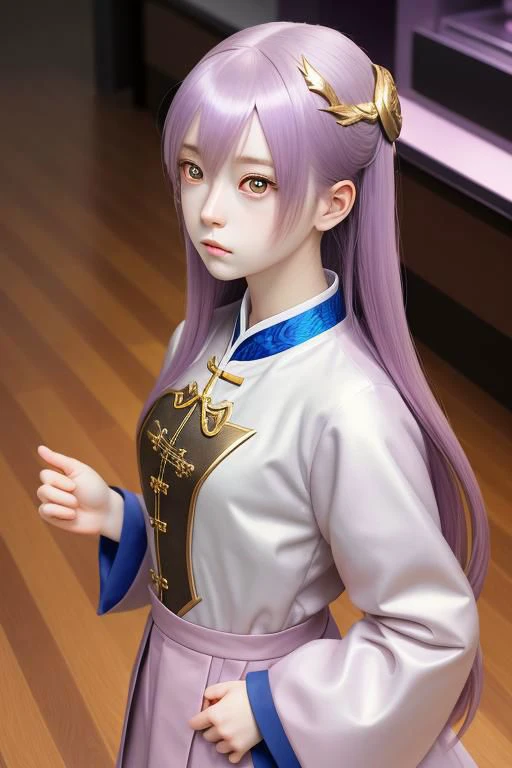 a female anime girl is standing on a hardwood floor, in the style of light violet and dark gold, porcelain, hyper-realistic portraits, celestialpunk, he jiaying, heistcore, close up