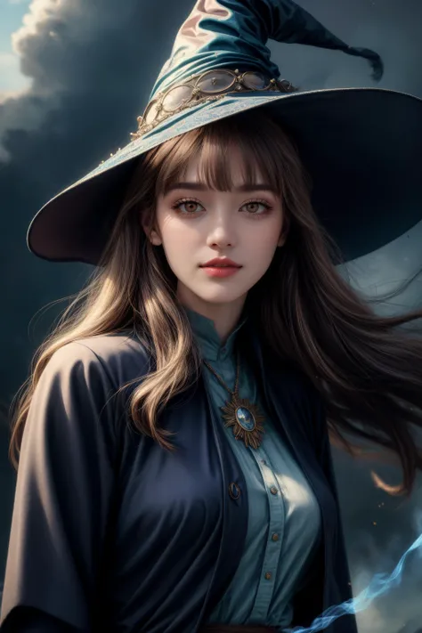 ((Best quality)), ((masterpiece)), ((realistic)),(photorealistic:1.4),  portrait, looking down, solo, (full body:0.6), detailed background, ( 1920s art deco theme:1.1), light smile, witch hat, witch, magical atmosphere, hair flowing in the wind, blue trimmed light colored clothes, dynamic pose,   swirling  flames in the air,  dark magic, (style-swirlmagic:0.8), floating particles, clouded background,<lora:add_detail:1.5>