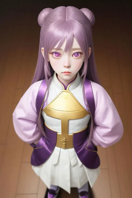 a female anime girl is standing on a hardwood floor, in the style of light violet and dark gold, porcelain, hyper-realistic portraits, celestialpunk, he jiaying, heistcore, close up