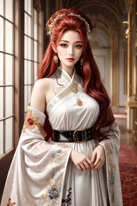 (masterpiece, top quality, best quality, official art, beautiful and aesthetic:1.2), perfect eyes, perfect face, volumetric lighting, 1girl, female wearing a black and white designer dress, MILF,hanfu, long red hair, curly hair, pompadour cut, belt, embroideries, jewelry, elegant hairdo, catwalk, fashion show, eyeshadow, thick eyelashes, <lora:add_detail:1>