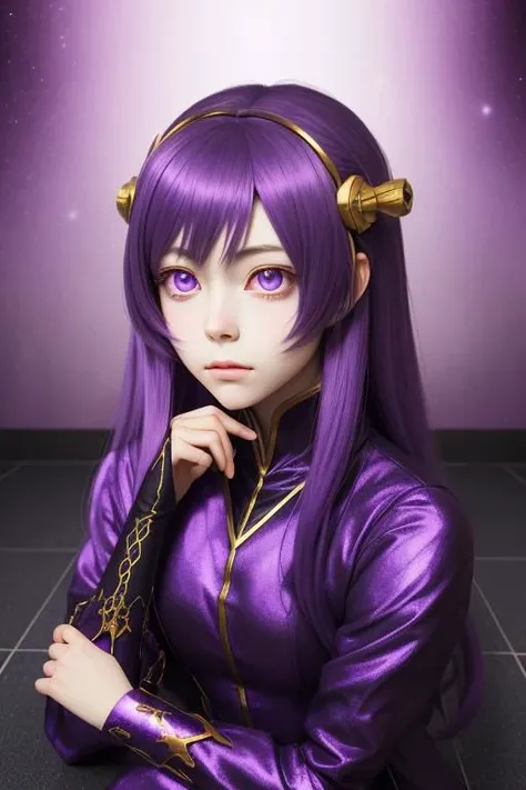 an anime girl posing on the floor is in a dress, in the style of dark purple and light gold, precise and lifelike, eerily realistic, celestialpunk, heistcore, porcelain, exaggerated facial features