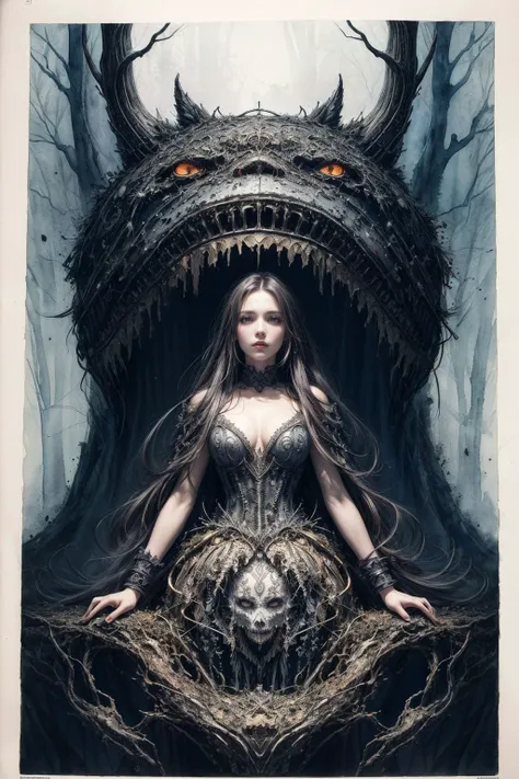 (masterpiece, best quality:1.4), (beautiful, perfect, delicate, detailed, intricate, aesthetic:1.2), (style of Ian Miller:1.4), (watercolor art:1.3), nightmarish woman creature, outstanding illustration, twisted and gnarled limbs, eyes glowing with malevolence, surrounded by a chaotic and eerie landscape, a haunting presence that sends shivers down your spine, perfect lighting, perfect shading, best quality, ultra high res, highly detailed, <lora:more_details:0.75>