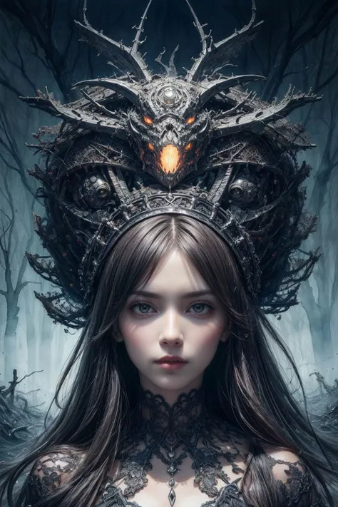 (masterpiece, best quality:1.4), (beautiful, perfect, delicate, detailed, intricate, aesthetic:1.2), (style of Ian Miller:1.4), (watercolor art:1.3), nightmarish woman creature, outstanding illustration, twisted and gnarled limbs, eyes glowing with malevolence, surrounded by a chaotic and eerie landscape, a haunting presence that sends shivers down your spine, perfect lighting, perfect shading, best quality, ultra high res, highly detailed, <lora:more_details:0.75>