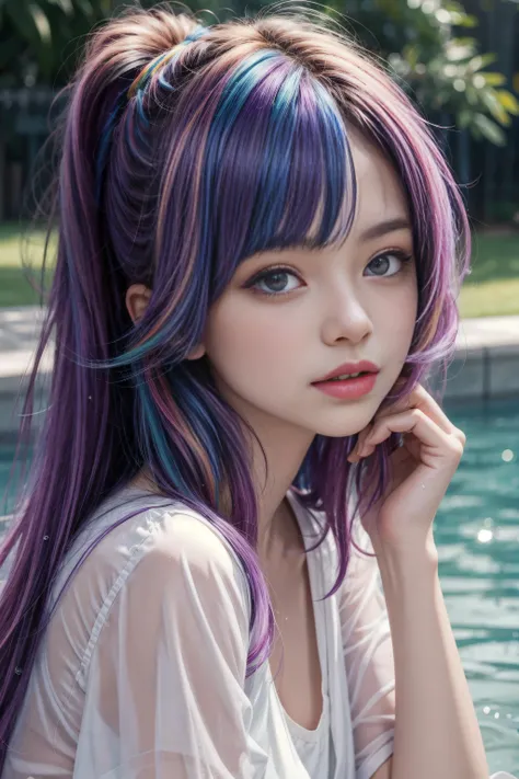 ((Best quality)), ((masterpiece)), 1 girl, pretty and cute, dumb, wet, girl, rainbow color Highlight Hair,colorful hair:1.4), see-through, <lora:add_detail:1>