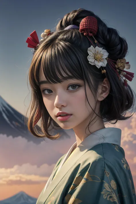 ((Best quality)), ((masterpiece)), ((realistic)), (highly intricate details), ((J.A.W. Cooper)), Katsushika Hokusai-inspired illustration art, majestic Mount Fuji as the backdrop, woman adorned in traditional Japanese attire, serene and contemplative expression, delicate and flowing brushwork, vibrant and harmonious color palette, a sense of tranquility and harmony with nature, mastery of composition and balance, a tribute to the timeless beauty and elegance of Hokusai's art, very short hair, purple, half-up half-down hairstyle, (Vivid colors:1.3),<lora:add_detail:1>
