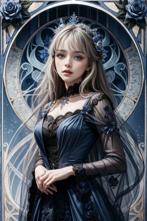 (masterpiece), (best quality), (ultra detailed), grey hair,long hair, blue eyes, little black dress, intricate dress, lace, silver trim, (art nouveau), sapphire, blue rose dress ornament, <lora:add_detail:1>