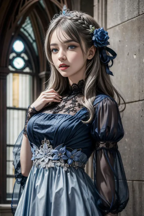 (masterpiece), (best quality), (ultra detailed), grey hair,long hair, blue eyes, little black dress, intricate dress, lace, silver trim, (art nouveau), sapphire, blue rose dress ornament, <lora:add_detail:1>