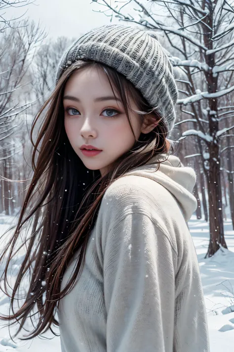 (best quality, masterpiece:1.2, photo realistic:1.4), a lovely painting of a girl in the forest with light snow falling, <lora:add_detail:1>