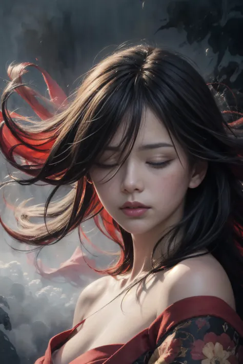 ((high detailed)), ((masterpiece)), ((best quality:1.2)), absurdres, (best quality), (masterpiece),(ultra-detailed:1.2),(photorealistic:1.4),(highres),reflection,low angle, sword reflection,samurai, long hair,glowing eyes,red eyes,(half closed eyes:1.4), kimono,strapless, traditional architecture,night,(red moon:1.1),(fog:1.4),(silhouette:0.8) , (expressionless:1.3),(ghost:1.1),red fire,,fantasy, high contrast, ink strokes, explosions, over exposure, purple and red tone impression , abstract, ((watercolor painting by John Berkey and Jeremy Mann )) brush strokes, negative space, <lora:add_detail:0.8>