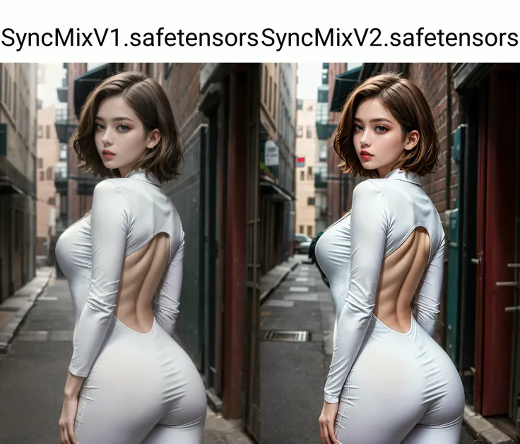 ((Best quality)), ((masterpiece)), ((realistic)), (hyperrealism:1.2), A photo ((portrait)) of a young, nerdy woman standing in a back alley, looking at the viewer. short hair, slender, red lips, flirting with the camera.Wearing a tight sexy white suit, open front, <lora:add_detail:1>, ((detailed face))