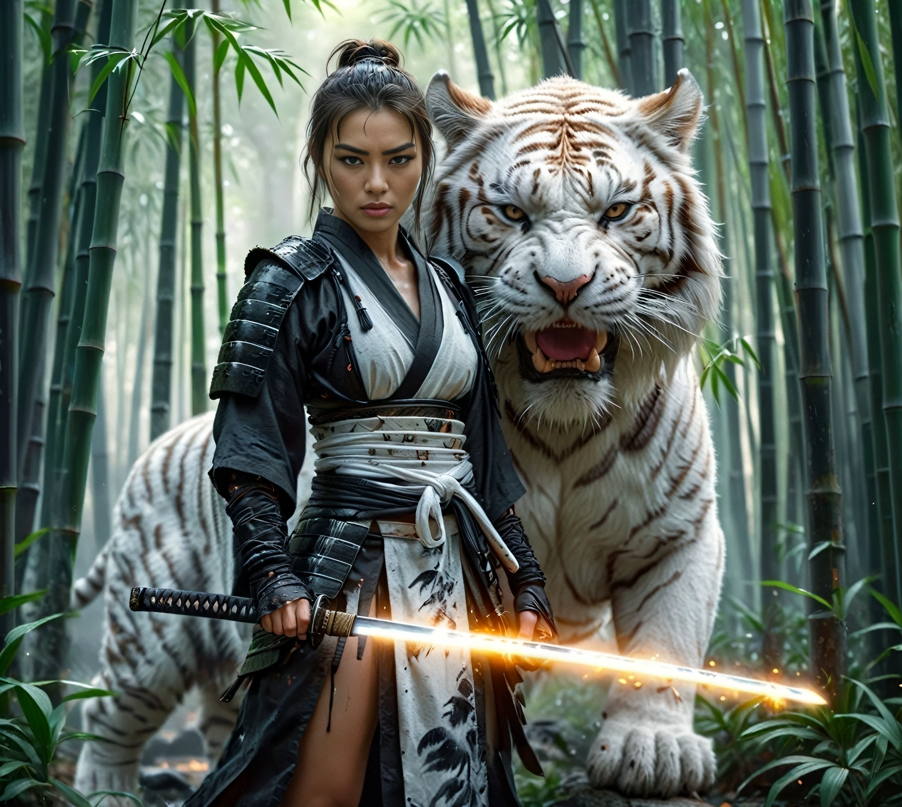 realistic oil painting, black clothed female samurai holding a magical glowing katana standing next to her angry white tiger in the middle of a white bamboo forrest, uhd, 8k, insane details, <lora:add-detail-xl:0.5>, <lora:XL_Weapon_Katana_-_By_HailoKnight:0.55>