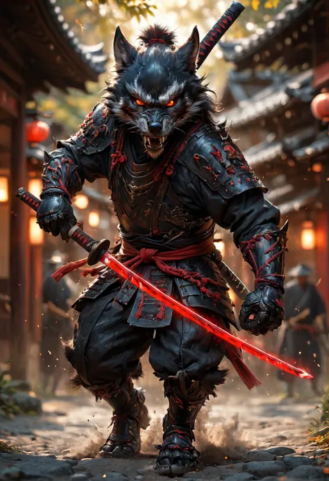 action shot, realistic oil painting, angry anthropomorphic black daemon wolf swings a magical glowing katana, black with red wooden armor, wearing samurai helmet, samurai mask, standing in an old Japanese village, uhd, 8k, insane details, <lora:add-detail-xl:0.5>, <lora:XL_Weapon_Katana_-_By_HailoKnight:0.55>, <lora:EnvyActionShotXL01:0.75>