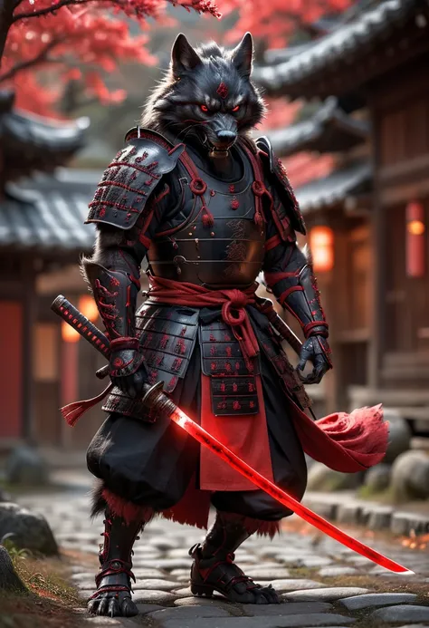 action shot, realistic digital photo, angry anthropomorphic black wolf samurai pulls a magical glowing katana out of the sheath, black with red wooden armor, samurai helmet, daemon samurai mask red, standing in an old Japanese village, uhd, 8k, insane details, <lora:add-detail-xl:0.5>, <lora:XL_Weapon_Katana_-_By_HailoKnight:0.55>, <lora:d\EnvyActionShotXL01:0.75>