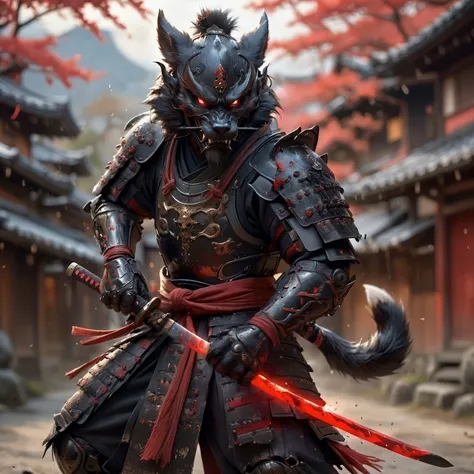 action shot, realistic oil painting, angry anthropomorphic black daemon wolf samurai holding a magical glowing katana, black with red wooden armor, samurai helmet, golden samurai mask, standing in an old Japanese village, uhd, 8k, insane details, <lora:add-detail-xl:0.5>, <lora:XL_Weapon_Katana_-_By_HailoKnight:0.55>, <lora:EnvyActionShotXL01:0.6>