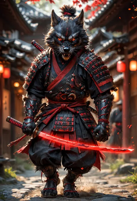 action shot, realistic oil painting, angry anthropomorphic black wolf samurai pulls a magical glowing katana out of the sheath, black with red wooden armor, samurai helmet, daemon samurai mask red and golden, standing in an old Japanese village, uhd, 8k, insane details, <lora:add-detail-xl:0.5>, <lora:XL_Weapon_Katana_-_By_HailoKnight:0.55>, <lora:EnvyActionShotXL01:0.75>