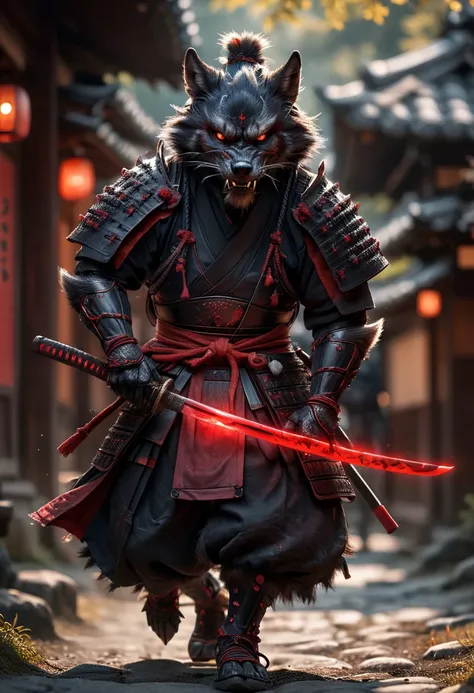 action shot, realistic digital photo, angry anthropomorphic black daemon wolf samurai pulls a magical glowing katana out of the sheath, black with red wooden armor, helmet, samurai mask, standing in an old Japanese village, uhd, 8k, insane details, <lora:add-detail-xl:0.5>, <lora:XL_Weapon_Katana_-_By_HailoKnight:0.55>, <lora:d\EnvyActionShotXL01:0.65>