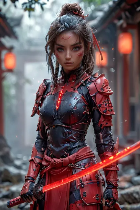 anime image of a full-body shot of a (catgirl), (skinny, petite, fit, small waist:1.4), midriff, red ninja shirt, low rise red ninja pants, gloves, gauntlets, holding a glowing katana, combat pose, (detailed realistic eyes, detailed realistic shiny skin, skin fuzz, skin pore details:1.3), hyper-detailed, ultra-detailed, super realistic, temple ruins background, smoke, fog, bokeh <lora:add-detail-xl:1> <lora:anarmas2_xl4_standard-merger_36_55_70_92_025_025_025_025:1> <lora:XL_Weapon_Katana_-_By_HailoKnight:1>