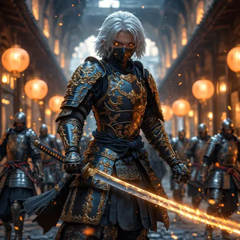 amazing quality, masterpiece, best quality, hyper detailed, ultra detailed, UHD, HDR, DOF, depth of field, wide-angle lens,
short hair, white hair,( black eye mask:1.2), solo, wearing ornate armor, gold trim, fighting stance, closed mouth, holding sword, glowing sword, abandoned city, old building,
<lora:XL_Weapon_Katana_-_By_HailoKnight:0.75>, katana,
<lora:d\EnvyActionShotXL01:0.8>, action shot,
<lora:add-detail-xl:0.85>,
<lora:quality1:1.0>,
<lora:extremely_detailed:1.5>, extremely detailed,