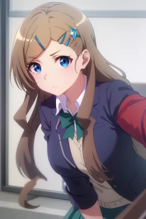 airiseto, <lora:airi seto s2-lora-nochekaiser:1>,
airi seto, long hair, blue eyes, brown hair, hair ornament, very long hair, hairclip, star \(symbol\), star hair ornament,
BREAK skirt, bow, school uniform, jacket, cardigan, blue skirt, (red jacket:1.2),
BREAK indoors, classroom,
BREAK looking at viewer, ()
BREAK <lyco:GoodHands-beta2:1>, (masterpiece:1.2), best quality, high resolution, unity 8k wallpaper, (illustration:0.8), (beautiful detailed eyes:1.6), extremely detailed face, perfect lighting, extremely detailed CG, (perfect hands, perfect anatomy),