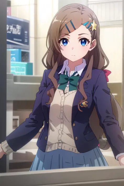 airiseto, <lora:airi seto s2-lora-nochekaiser:1>,
airi seto, long hair, blue eyes, brown hair, hair ornament, very long hair, hairclip, star \(symbol\), star hair ornament,
BREAK skirt, bow, school uniform, jacket, cardigan, blue skirt, (red jacket:1.2),
BREAK indoors, classroom,
BREAK looking at viewer, ()
BREAK <lyco:GoodHands-beta2:1>, (masterpiece:1.2), best quality, high resolution, unity 8k wallpaper, (illustration:0.8), (beautiful detailed eyes:1.6), extremely detailed face, perfect lighting, extremely detailed CG, (perfect hands, perfect anatomy),