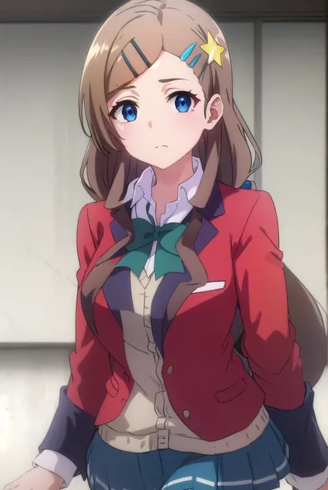 airiseto, <lora:airi seto s2-lora-nochekaiser:1>,
airi seto, long hair, blue eyes, brown hair, hair ornament, very long hair, hairclip, star \(symbol\), star hair ornament,
BREAK skirt, bow, school uniform, jacket, cardigan, blue skirt, (red jacket:1.2),
BREAK indoors, classroom,
BREAK looking at viewer, ()
BREAK <lyco:GoodHands-beta2:1>, (masterpiece:1.2), best quality, high resolution, unity 8k wallpaper, (illustration:0.8), (beautiful detailed eyes:1.6), extremely detailed face, perfect lighting, extremely detailed CG, (perfect hands, perfect anatomy),
