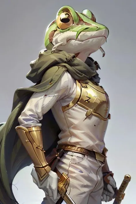 (masterpiece, best quality, highres, absurdres, ultra-detailed:1.2), <lora:Frog_CT:0.9>(1boy, anime, solo, Frog_CT, gold breastplate, holding sword and shield, glove, white pants, white longsleeve, green cape, from side), (broadsword, knight, honor, valor:1.4),
