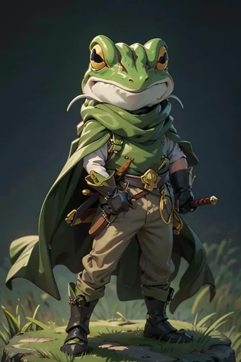 a frog night on a green grassy cliff, <lora:Frog_CT (1):0.7>, holding a sword, high quality, masterpiece, perfect hands, <lora:HKStyle:0.2> HKStyle