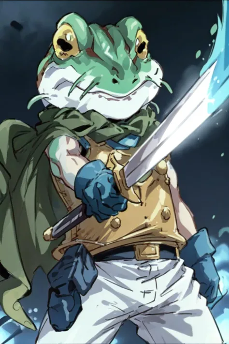 wide shot, masterpiece, best quality, cartoon, solo, 1boy, Frog_CT <lora:Frog_CT:0.8>, frog, gold breastplate, holding sword and shield, glove, white pants, green cape, dark scene, (blue fire, blue lights)