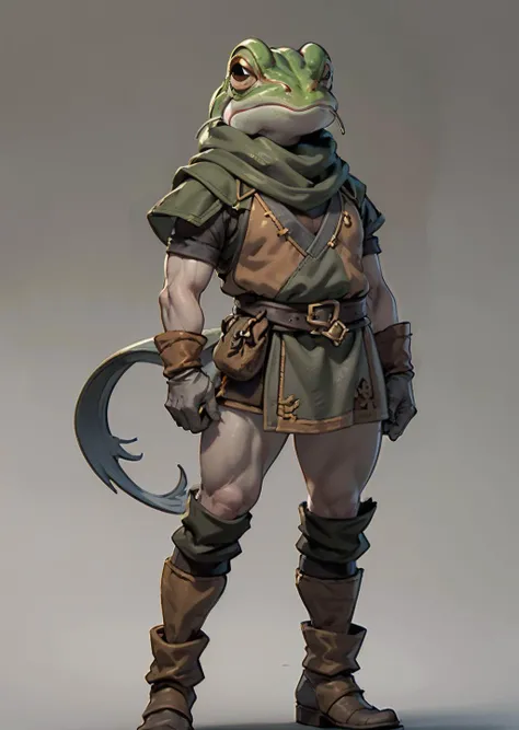 1subject, (masterpiece), ((grey skin)), (grey skinned Frog boy), professional work, beautiful, (((dwarf height))), ((2 feet tall)), ((stubby)), (((grey skinned frog standing up))),((black eyes)), bullywug, standing, wearing a grey tunic, ((wearing gloves)),wearing brown adventurer shoes and a black belt with a pouch, high level of detail. <lora:Frog_CT:0.7>